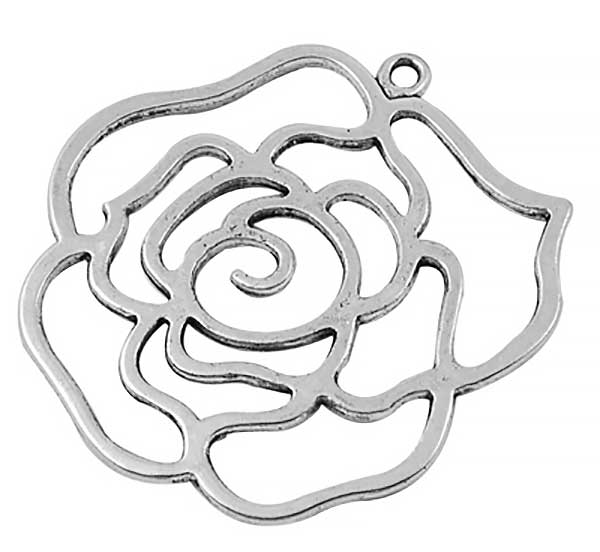 Cast Metal Pendant Flower Rose Large Filigree 43x39mm (1) Antique Silver