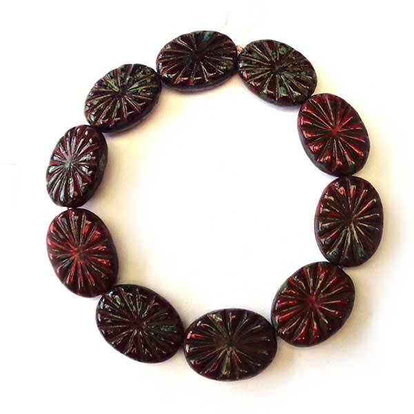 Czech Glass Beads Ovals Carved 17x14mm (10) Rustic Scarlett Red S-014