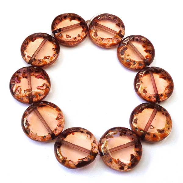 Czech Glass Beads Coin Carved Vintage Style 14mm (10) S-022