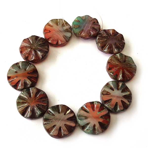 Czech Glass Beads Coin Chunky Carved 18mm (10) S-026