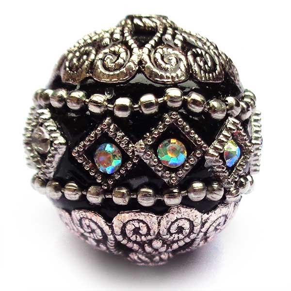 Kashmiri Style Beads Round 20mm (1) Style 003N Silver Black