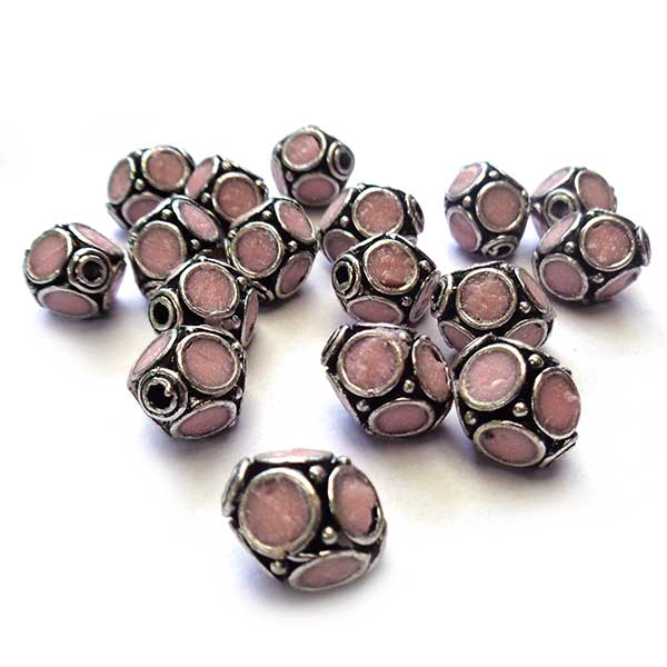Kashmiri Style Beads Enamel 13x11mm Oval (1) Silver Pink