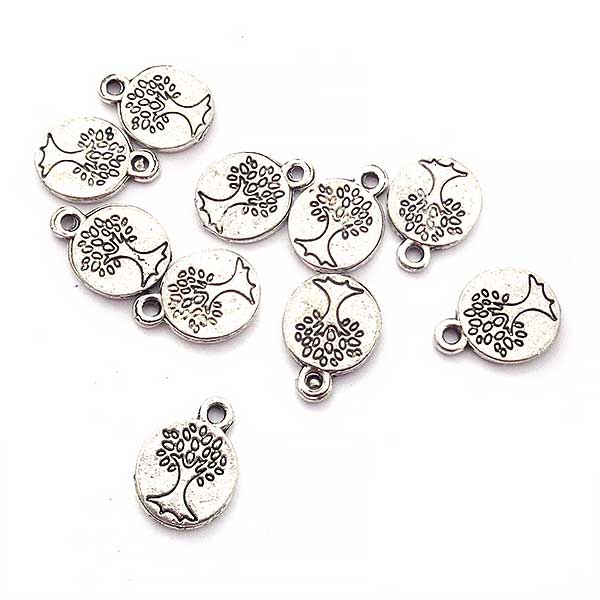 Cast Metal Charm Tree Flat Round Engraved Petite 15x11mm (10) Antique Silver