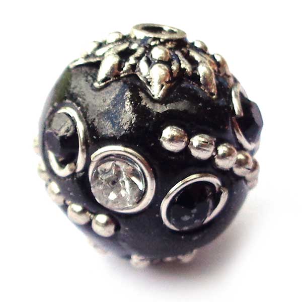 Kashmiri Style Beads Round 15mm (1) Style 002D Black