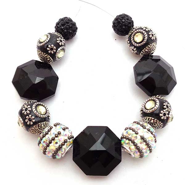 Bohemian Bead Strands Mixed Beads 129 Hexagon Black & White 