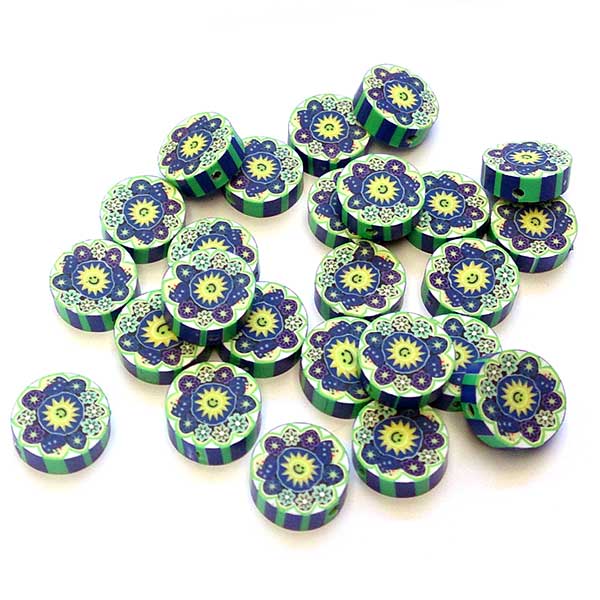 Polymer Clay Beads Flat Round 17mm (10) Sun On Blue & Green