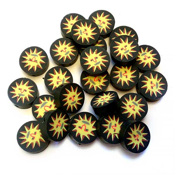 Polymer Clay Beads Flat Round 17mm (10) Sun On Black