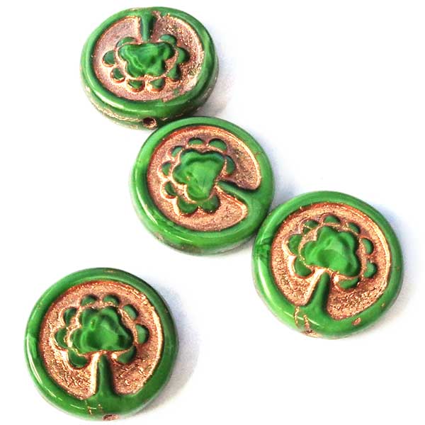 Czech Glass Beads Coin w/Tree 14mm (1) Green w/Copper Wash