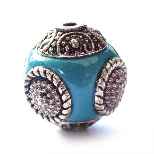 Kashmiri Style Beads Round 15mm (1) Style 001A Dark Blue Turquoise