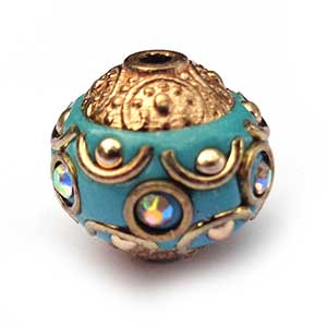 Kashmiri Style Beads Round 15x17mm (1) Style 013B Gold Turquoise