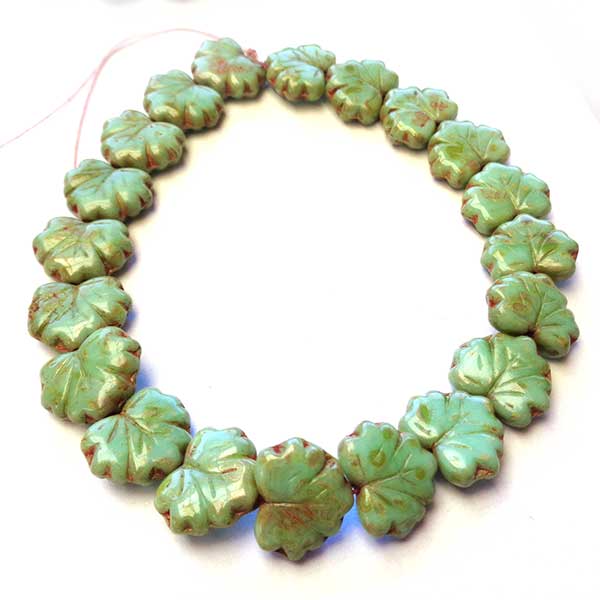 Czech Glass Beads Leaf Maple 10x13mm (10) 007 Turqoise Green w/Brown Wash