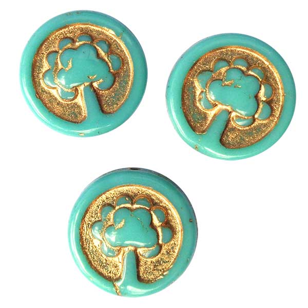 Czech Glass Beads Coin w/Tree 14mm (1) Turquoise w/Gold Wash