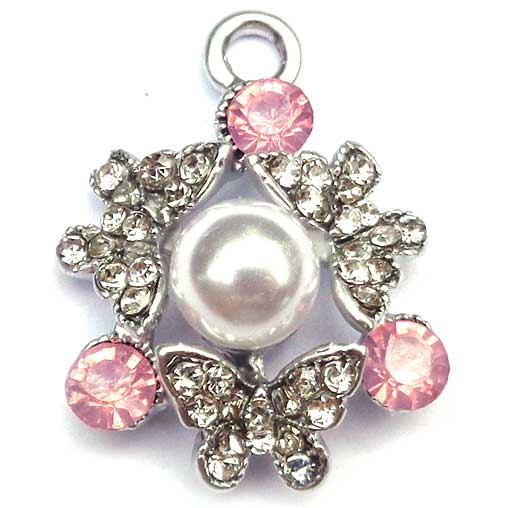 Cast Metal Charm Rhinestone VINT007 Round Small Butterfly 24x18mm (1) Pink, Crystal, Pearl