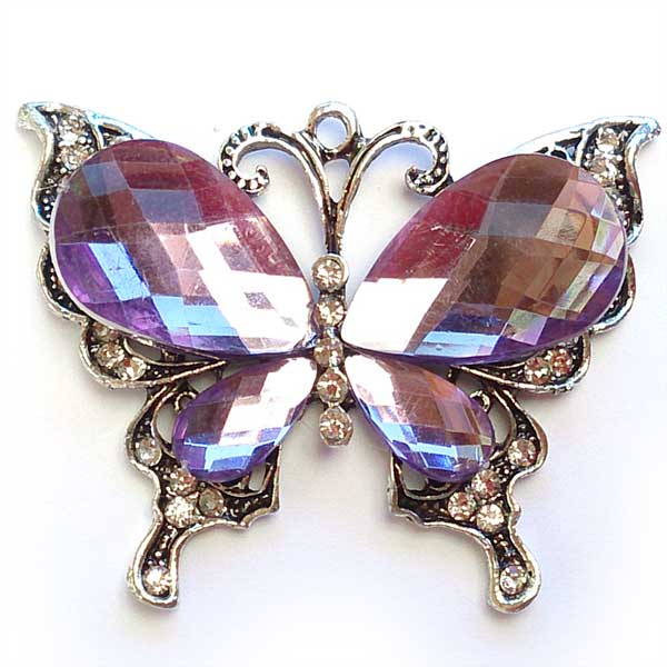 Cast Metal Pendant Butterfly Resin Wings 52x66mm (1) Violet - Antique Silver