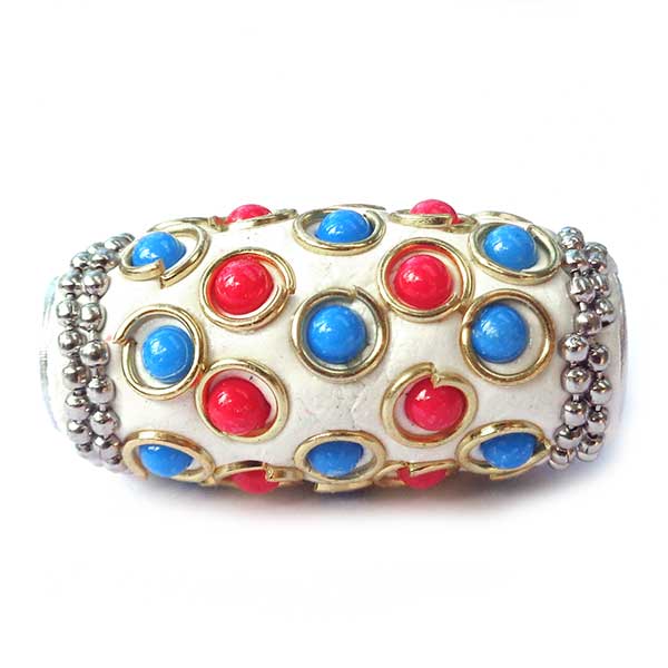 Kashmiri Style Beads Oval Medium 32x18mm (1) White Turquoise & Red 