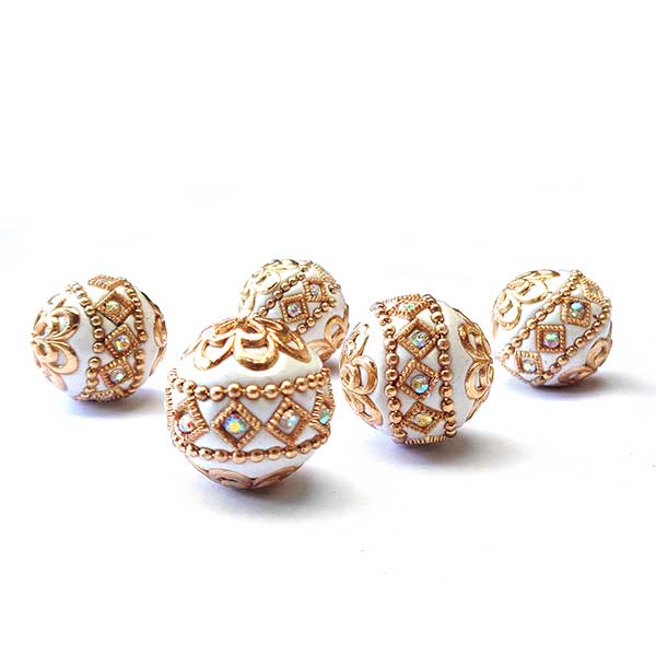 Kashmiri Style Beads Round 20mm (1) Style 003A Gold White