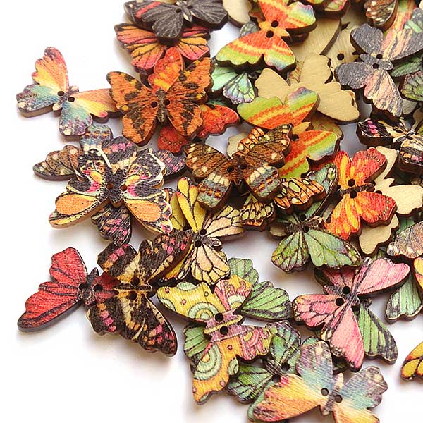 Wooden Buttons Laser Cut Butterfly Small 24x17mm (10) Natural Back - Mixed Colours