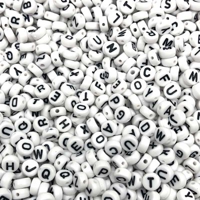Acrylic Beads Flat Round Alphabet Letters 7mm (1000) White w/Black Letters