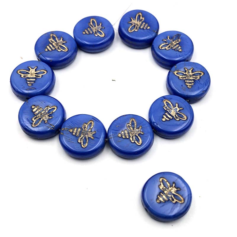 Czech Glass Beads Bee Pressed Coin 12mm (10) Royal Blue Silk w/ Gold Wash