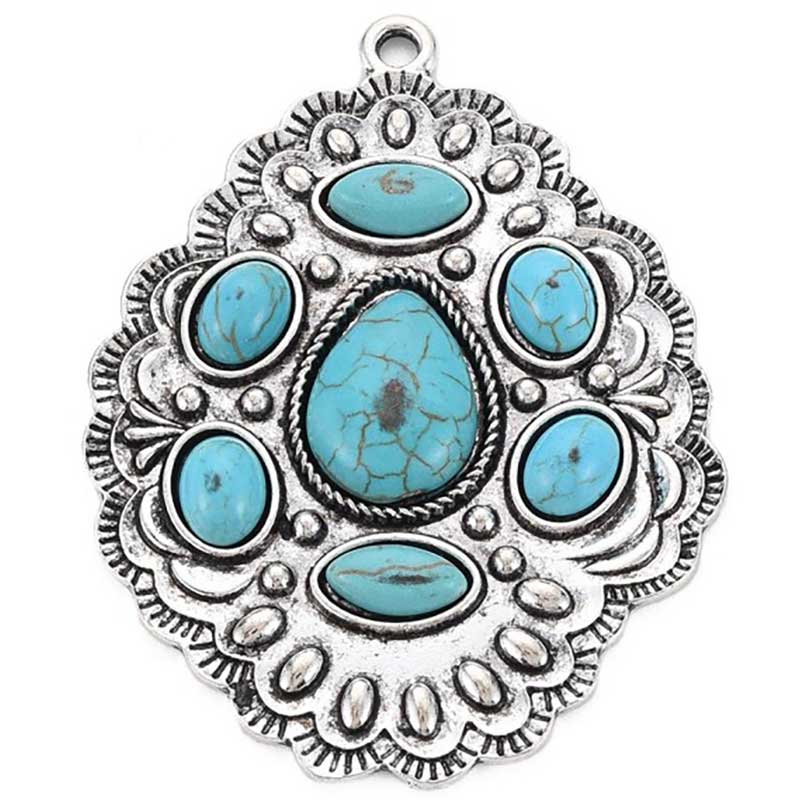 Cast Metal Pendant Turquoise Statement Oval Style 01 57x45mm (1) Antique Silver