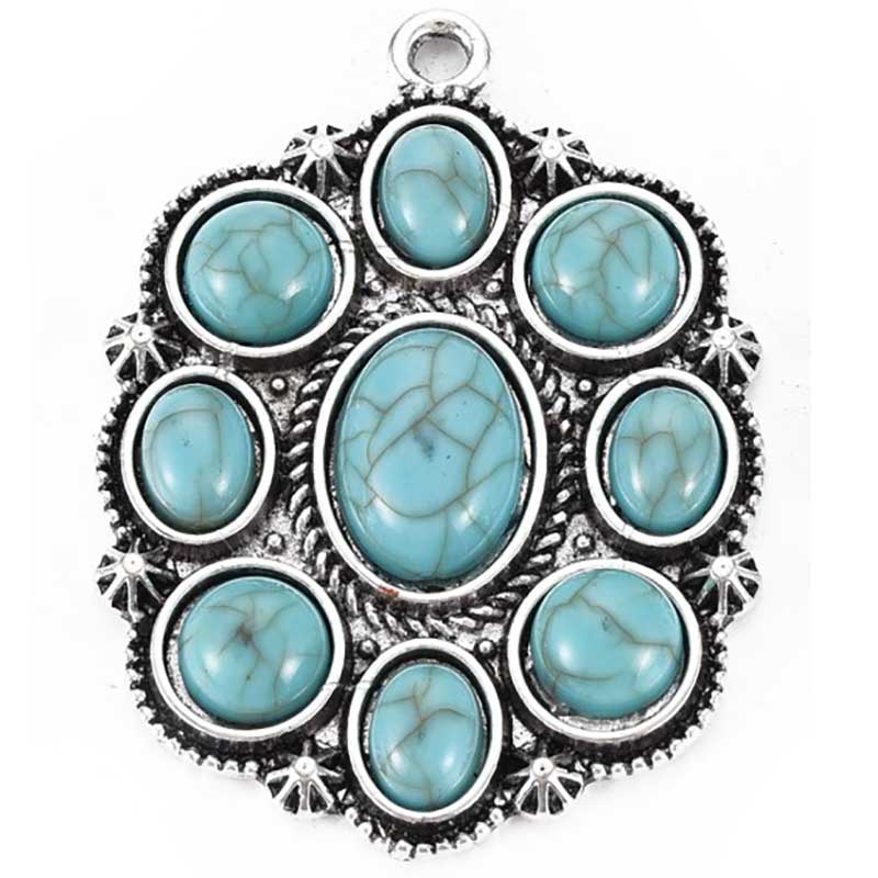 Cast Metal Pendant Turquoise Statement Oval Style 02 47x34mm (1) Antique Silver