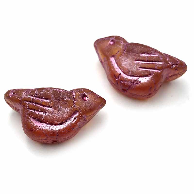 Czech Glass Beads Bird 11x22mm (1) Orange Matte w/ Metallic Pink