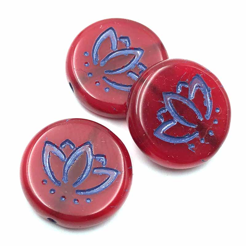 Czech Glass Beads Coin w/Lotus Flower 14mm (6) Red Opaline w/ Purple Wash