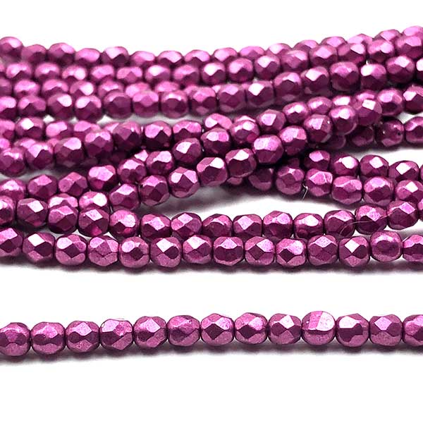 Czech Faceted Round Firepolished Glass Beads 3mm (50) ColorTrends: Sueded Gold Fuchsia Red