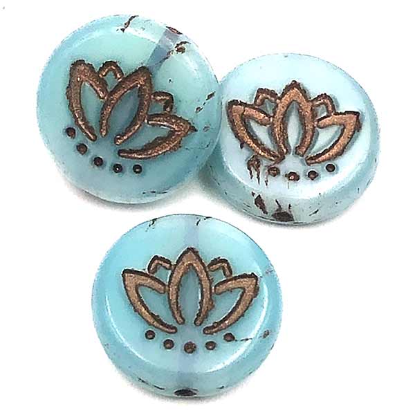 Czech Glass Beads Coin w/Lotus Flower 14mm (6) Aqua Blue Silk w/ Dark Bronze Wash