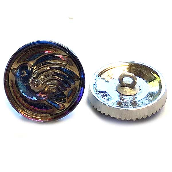 Czech Glass Buttons 18mm (1) Bird Design Blue and Purple Iridescent with Antiqued Finish