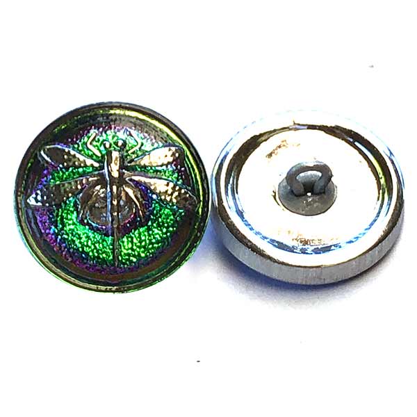 Czech Glass Buttons 18mm (1) Dragonfly Green/Iridescent with Platinum Paint