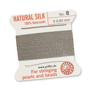 Griffin Natural Silk Beading Cord & Needle Size 8 0.8mm (2 Metres) Grey