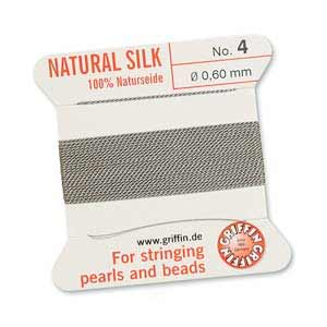 Griffin Natural Silk Beading Cord & Needle Size 4 0.6mm (2 Metres) Grey