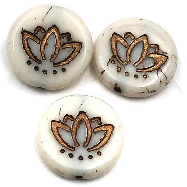Czech Glass Beads Coin w/Lotus Flower 14mm (6) Ivory Opaque w/ Dark Bronze Wash