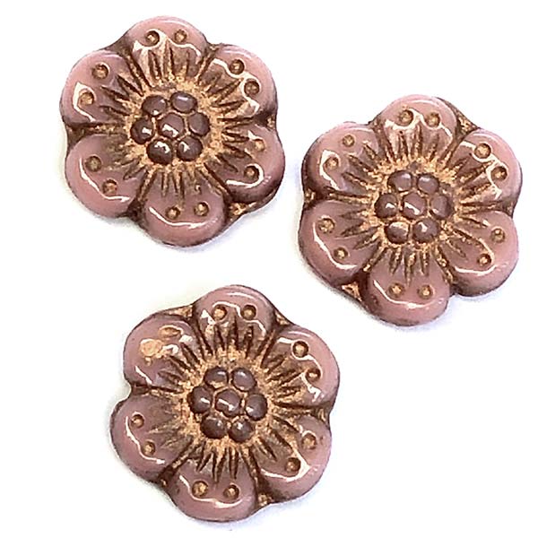 Czech Glass Beads Flower Wild Rose 14mm (10) Pink Opaque w/ Copper Wash