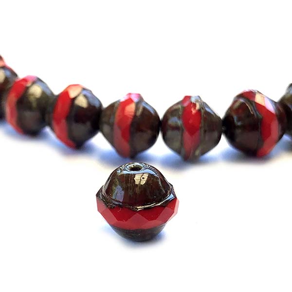 Czech Glass Beads Saturn Cut Saucer Large 10x12mm (10) Red Opaque w/ Picasso
