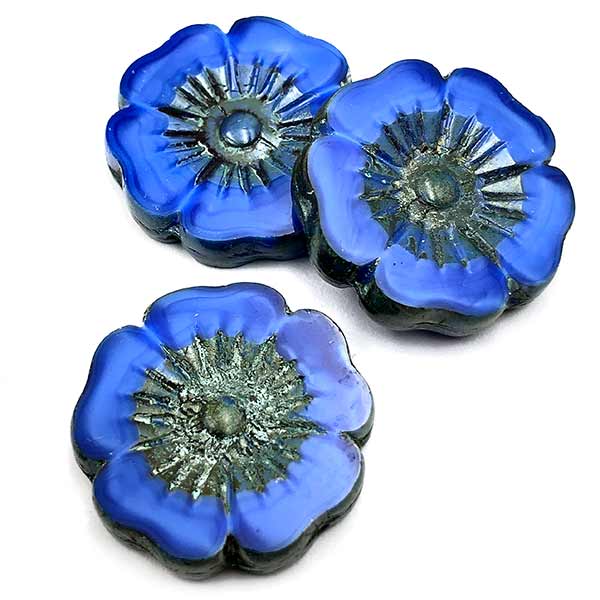 Czech Glass Beads Flower Hibiscus Hawaiian 22mm (1) Royal Blue Silk w/ Picasso