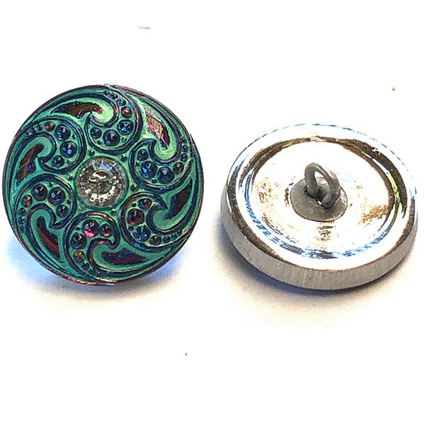Czech Glass Buttons 18mm (1) Jewel Spiral Midnight Blue & Purple Iridescent w/ Turquoise Wash