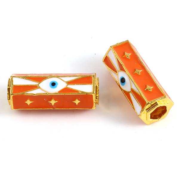 Cast Metal Bead Hexagonal Prism Enamel Style 02 22x10mm (1) Orange Evil Eye - Gold