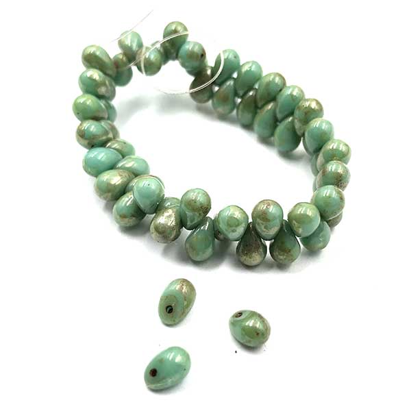 Czech Glass Beads Drop Tiny 4x6mm (50) Sea Green w/ Picasso