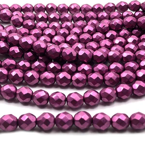 Czech Faceted Round Firepolished Glass Beads 8mm (25) ColorTrends: Sueded Gold Fuchsia Red