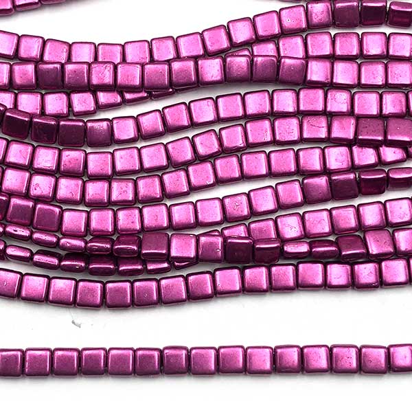 Czech Glass Beads Tile Two-Hole 6mm (50) ColorTrends: Sueded Gold Fuchsia Red