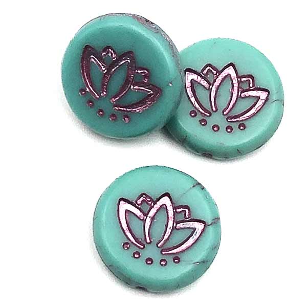 Czech Glass Beads Coin w/Lotus Flower 14mm (6) Turquoise Opaque w/ Pink
