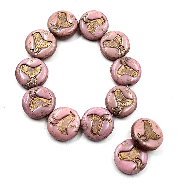 Czech Glass Beads Coin w/Bird 12mm (10) Pink Silk w/Dark Bronze Wash