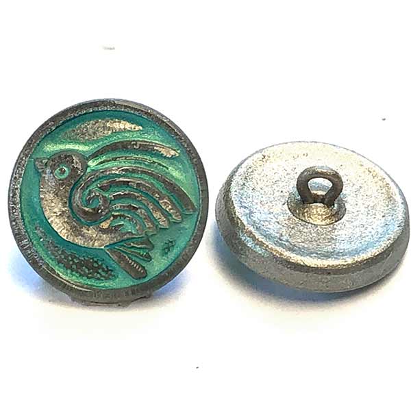 Czech Glass Buttons 18mm (1) Bird White Bronze with Turquoise Wash