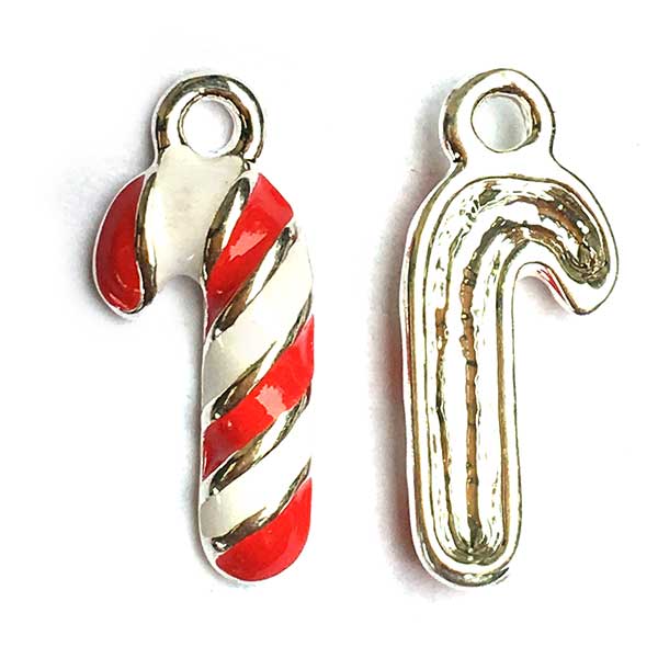 Cast Metal Charms Christmas Enamel Candy Cane 19x8mm (1) Red White