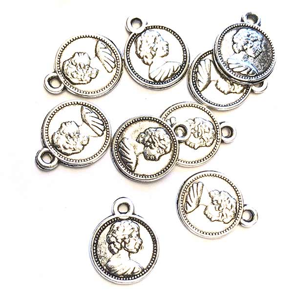 Cast Metal Charm Coin w/Lady 15x12mm (20) Antique Silver