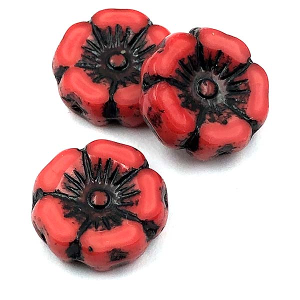 Czech Glass Beads Flower Hibiscus Hawaiian 12mm (6) Poppy Red Coral Opaque w/ Black Wash