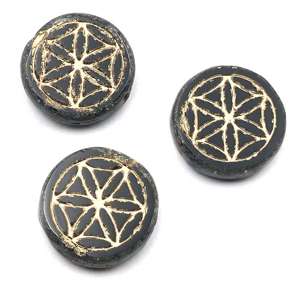 Czech Glass Beads Coin Flower of Life 18mm (1) Black w/ Picasso & Gold