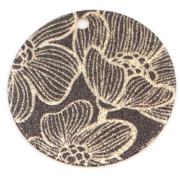 Cast Metal Charm Printed Stardust Brass 20mm Gold (1) Style 16 Flowers Black